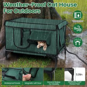 Large Heated Cat House for Outside,600D Oxford Fabric, Multiple Windows & Doors, Built-in Heating Pad, Sturdy Ground Stakes for Porch Garage Barn