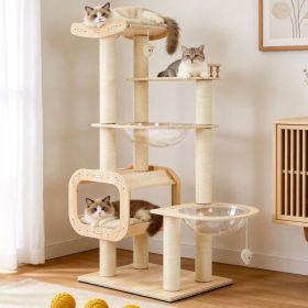 Heavy-Duty No-Drill 4-Story Cat Tree-Solid Wood Multi-Story Boards, Multi-Column Design, 55.9in Cat Tower With Open Condo, Double Space Capsules (Option: 7018NATURAL)