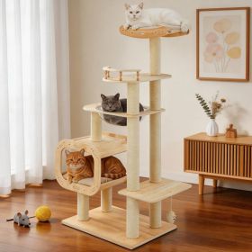 Modern Heavy-Duty No-Drill Cat Tree-Solid Wood Multi-Story Board, 4-Story Multi-Column Cat Tower, 57.9in For Multi-Cat Households, Open Condo, Sp (Option: 7019NATURAL)