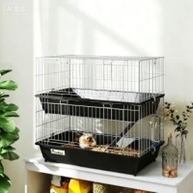 PawHut 2-Tier Small Animal Cage With 2 Doors, Trays, Dish, Bottle, And Ramp For Bunny, Ferret, Chinchilla, Black (Option: Black Gray)