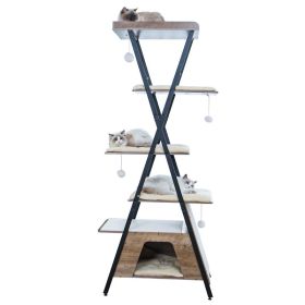 73in Modern Cat Tower For Indoor Cats - Multi-Level Cat Tree With Scratching Posts, Caves, Large Perch & Removable Pads - Wooden Cat Furniture (Option: 7013GREIGE)