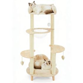 Modern Heavy-Duty No-Drill 4-Tier Solid Wood Cat Tree- 45.7in Multi-Cat Tower With Cozy Bed, Capsule & Extra Wide Perch (Option: 7014NATURAL)